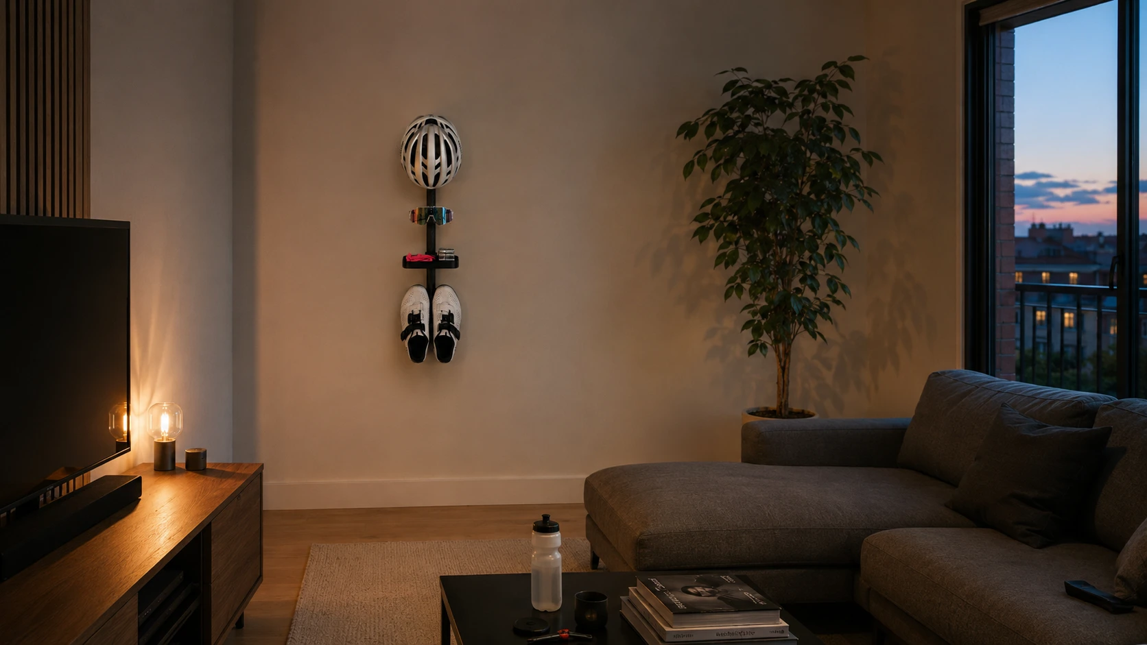 Sistema de pared Velmos para organizar casco, gafas y zapatillas de ciclismo en un salón